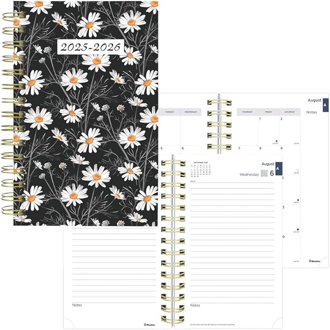 Blueline® Essential Academic Daily/Monthly Planner, August 2025 to July 2026, Twin-Wire Binding, Poly Cover, 8" x 5", Blossom Design, White (CA214PG.01-26)
