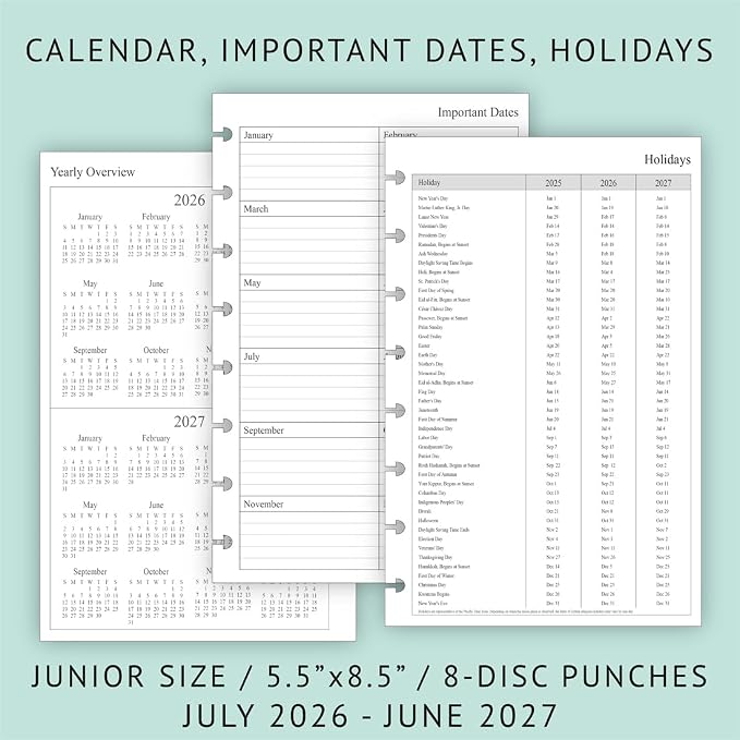 2026-2027 Weekly & Monthly Planner Refills for 8-Discbound Planners, July 2026 to June 2027, Junior Size, 5-1/2"x8-1/2"