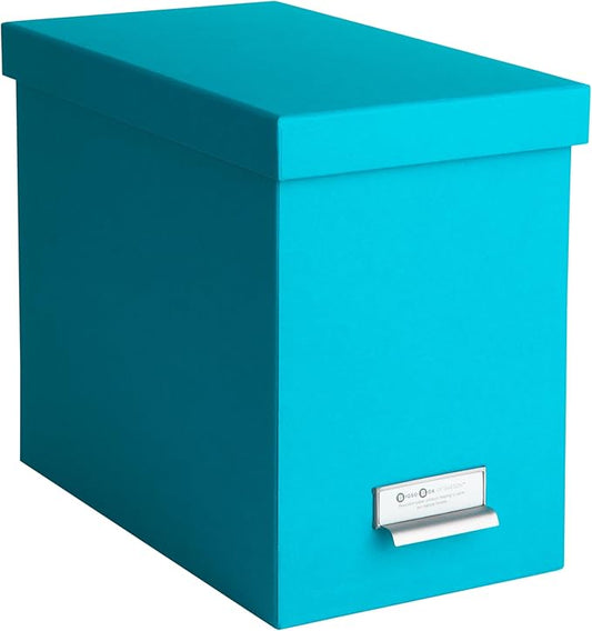 Bigso John Fiberboard Label Frame Desktop File Storage Box - Document Organizer for Important Paperwork - Durable Hanging File Box with a Lid & Metal Label Window - 7.36 x 13.38 x 10.51 in - Turquoise