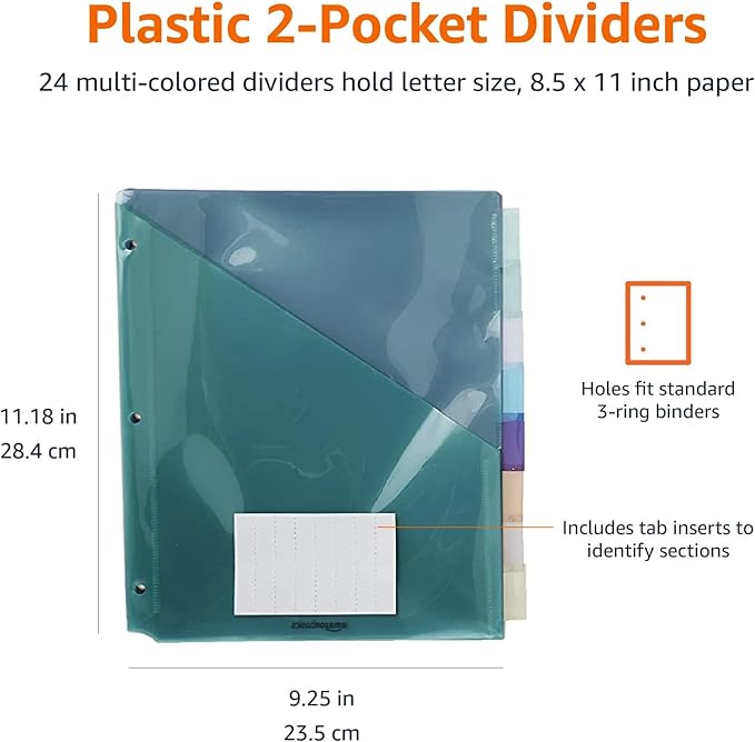 Amazon Basics Tab Dividers for 3 Ring Binder, Two Pocket, Letter Size, Transparent Assorted Colors, 24 Count