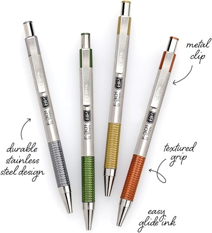 Zebra Pen F-301 Signature Series Retractable Ballpoint Pen, 0.7mm, Black Easy-Glide Ink, Stainless-Steel Barrel, Sandstone Earth Tone Accents, Ideal for Office, Journal and Planner Use, 4-Pack (27254)