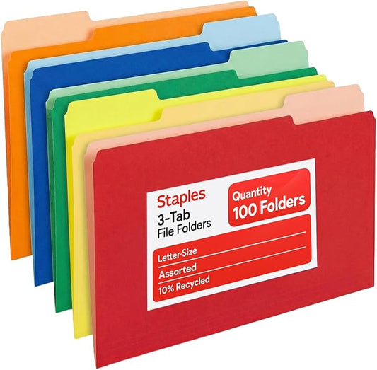Staples Colored File Folders, Letter Size, 3‑Tab Top‑Tab Design, Durable 10.5‑Point Paper Stock, 100/Pack