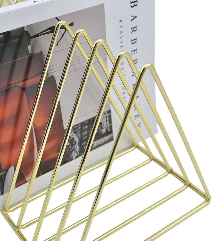 EASEPRES Gold File Holder Organizer, Triangle Record Album Holder Magazine Wire Rack, 9 Slot Multifunction Desktop Storage Decor for Home Office