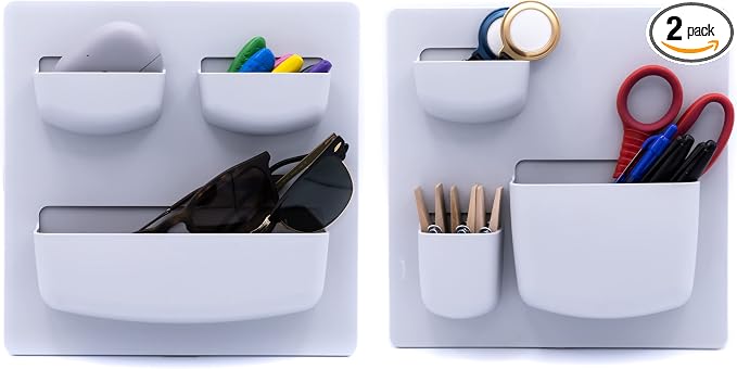 Modern Grey Wall Desk Organizer - 2 Parts, 6 Organizer Pockets, and Adhesive Holder Shelves for Easy Storage of Small Things at Home or Office. Wall Organizer Easy to Install in Ligth Grey to Decor