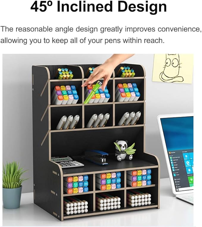 Hggzeg Wooden Desk Organizer, Large Capacity DIY Pen Holder Storage Box Desktop Stationary Storage Rack, Pen Organizer Caddies for Office, Home and School Supplies (B15-Black)