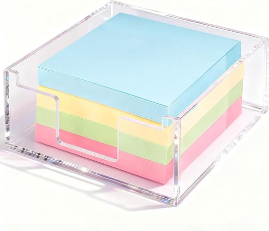 Clear Sticky Note Holder, Glitter Acrylic Organizer, 3.94 x 3.94 in Multi-Use Tray for Office, School & Home Desk