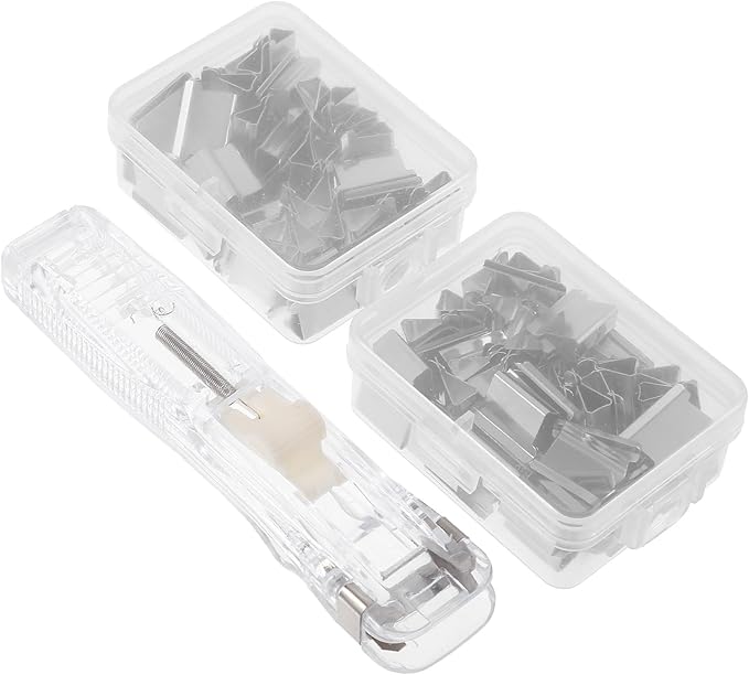 Reusable Desktop Stapler with Push Clips, Manual Office Document Fastener Set Including 1 Stapler and 2 Refill Clip Boxes, Portable Paper Binder for School and Office Use