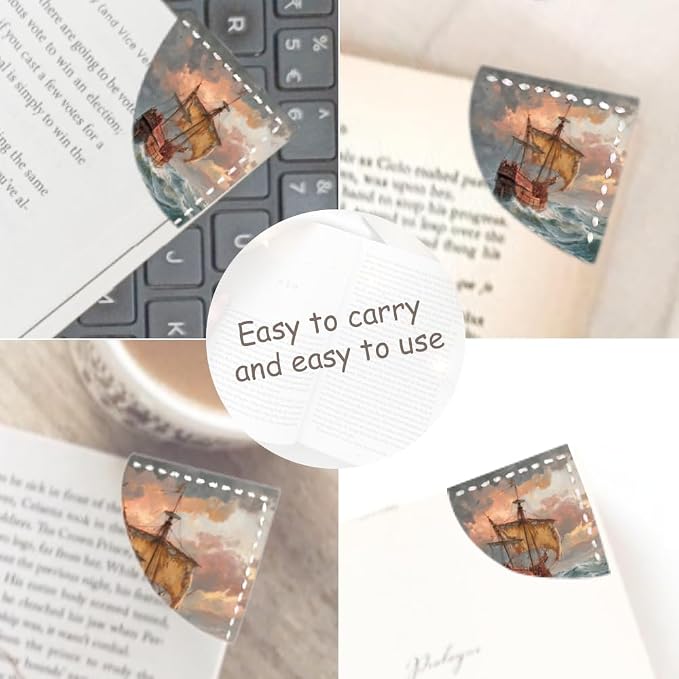2PCS PU Leather Bookmarks 3.5x3.5 Inch Sailing Ship Ocean Design | PU leather bookmarks for books with watercolor sailing ship design for adventure novels, travel journals and ocean lovers.