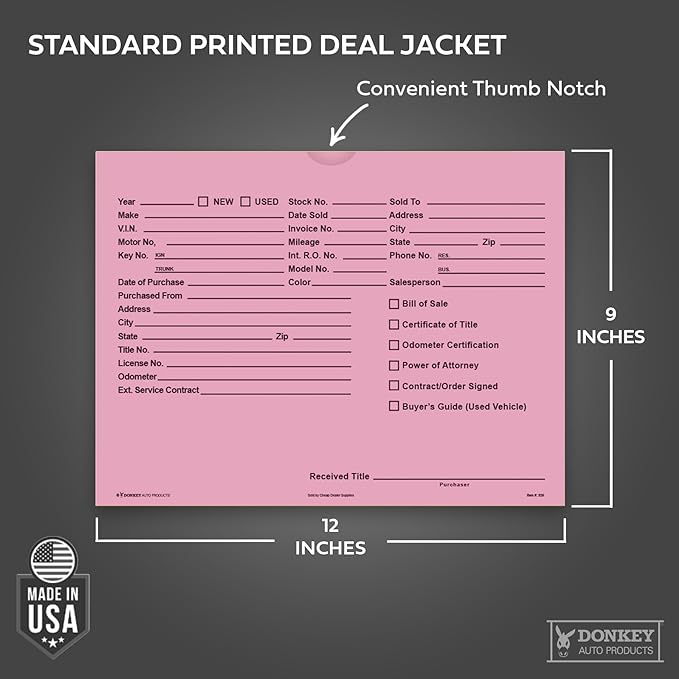 Printed Vehicle Deal Envelopes 9x12 Deal Jackets (100 shrink wrapped) (Pink)