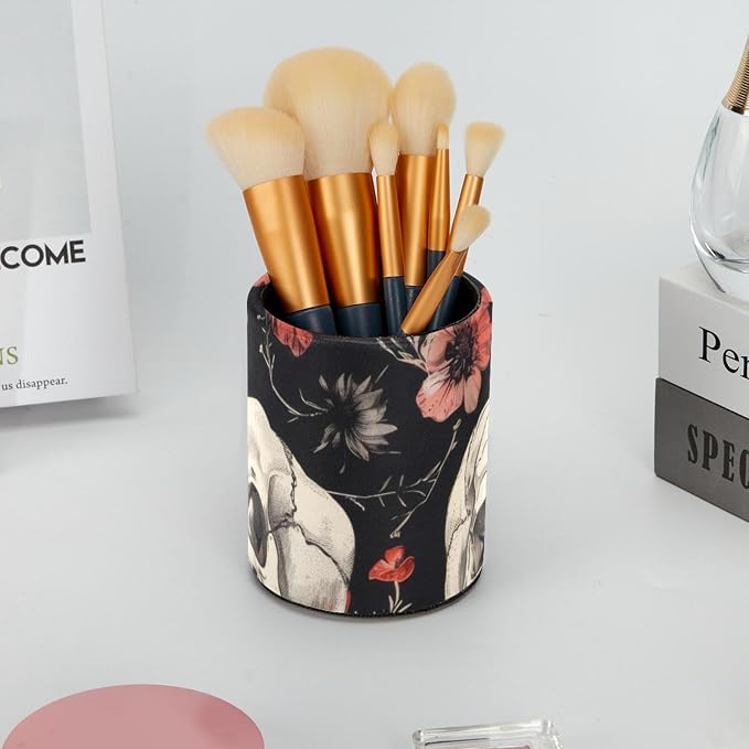 Round Pencil Holder for Desk, Skulls wiht Flowers Retro Aesthetic Pattern Large Pencil Pen Cup, Desk Accessories & Workspace Desk Organizer for Home, School, Office