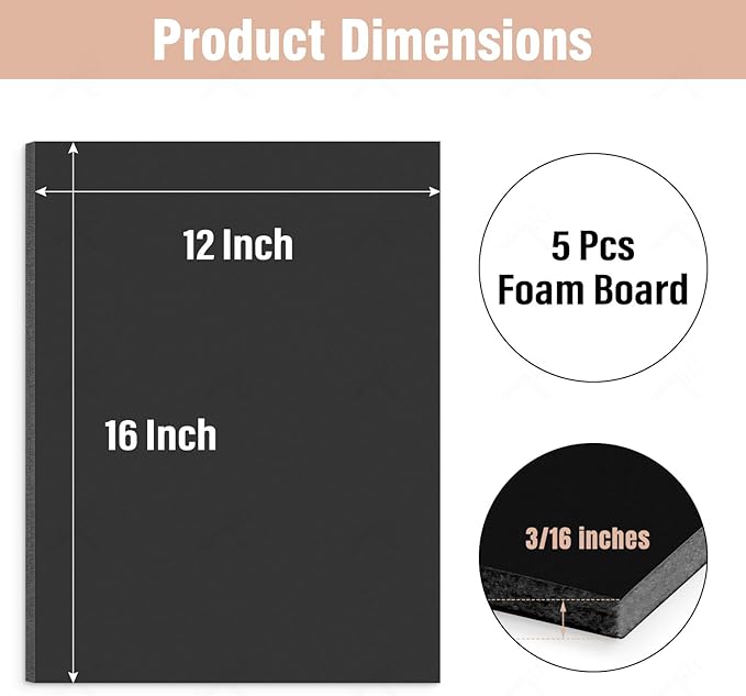 Golden State Art, Acid Free 5 Pack 12x16 Black Foam Boards Foam Core Poster Board, 3/16'' Thick Polystyrene Foam Sheet for Projects, Mounting, Crafts, Art and Presentations