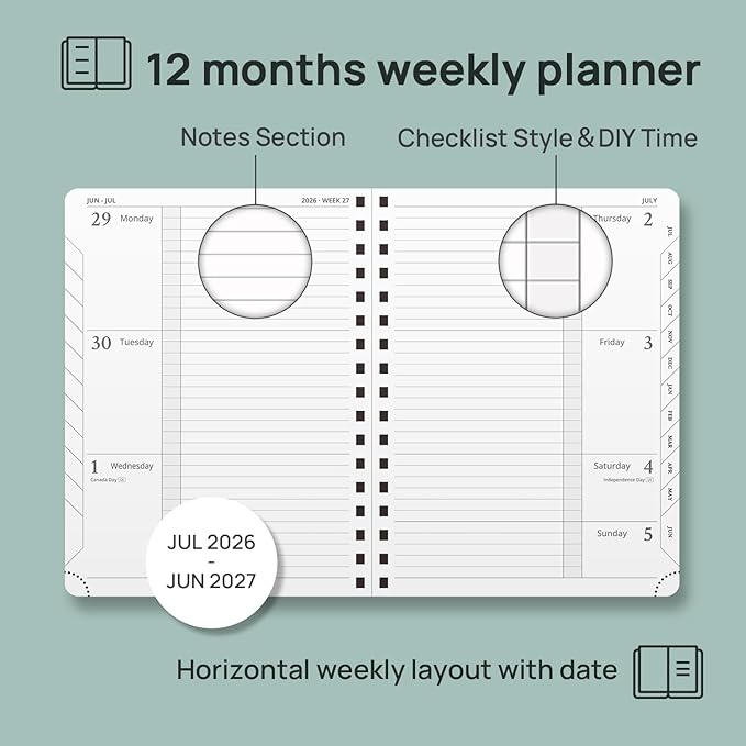 POPRUN 2026-2027 Academic Weekly Planner, 6.75" x 8.75" Horizontal Daily Book Calendar, July 2026 to June 2027, Softcover Appionment Book with Monthly Tabs, Spiral Bound, Inner-Pocket - Midnight Green
