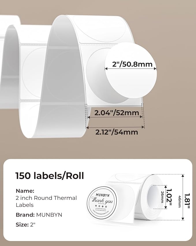 MUNBYN 2 Inch Circle Thermal Sticker Labels, Self-Adhesive Round Direct Thermal Labels for Small Business, 150 Sheets/1 Roll (Pack of 2)