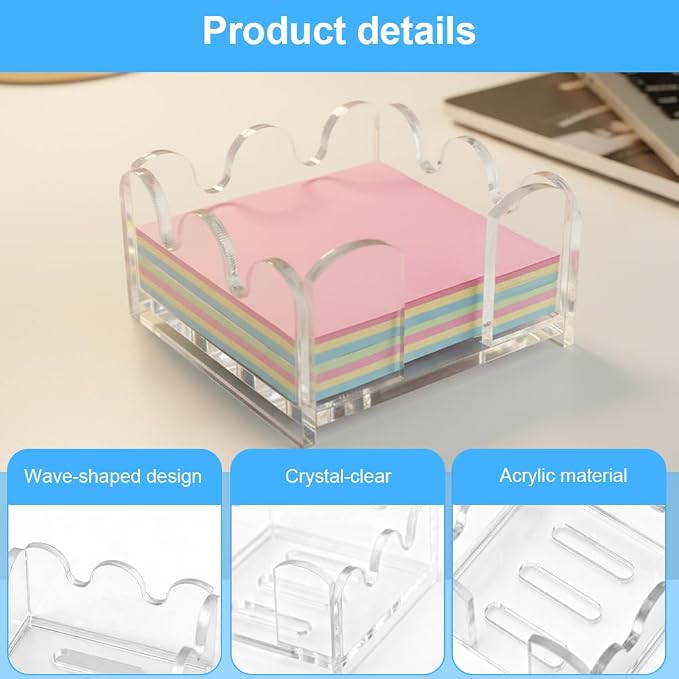 Acrylic Sticky Note Holder, 3 x 3 Inch Wavy Clear Sticky Note Dispenser, Crystal Clear Notepad Holder for Office Desk and Dorm Room, 1 Pack