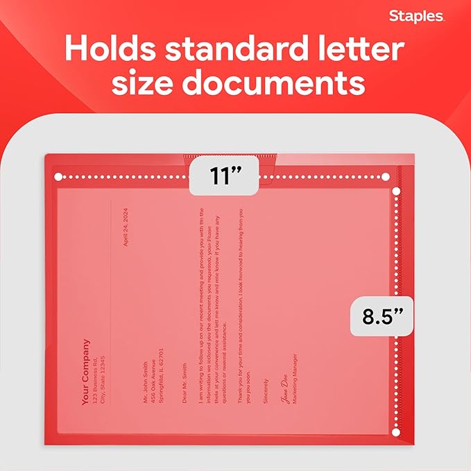 Staples Poly Project Jackets, Clear‑Front Document Sleeves, Letter Size, Durable Poly Construction, Assorted Colors – 5/Pack