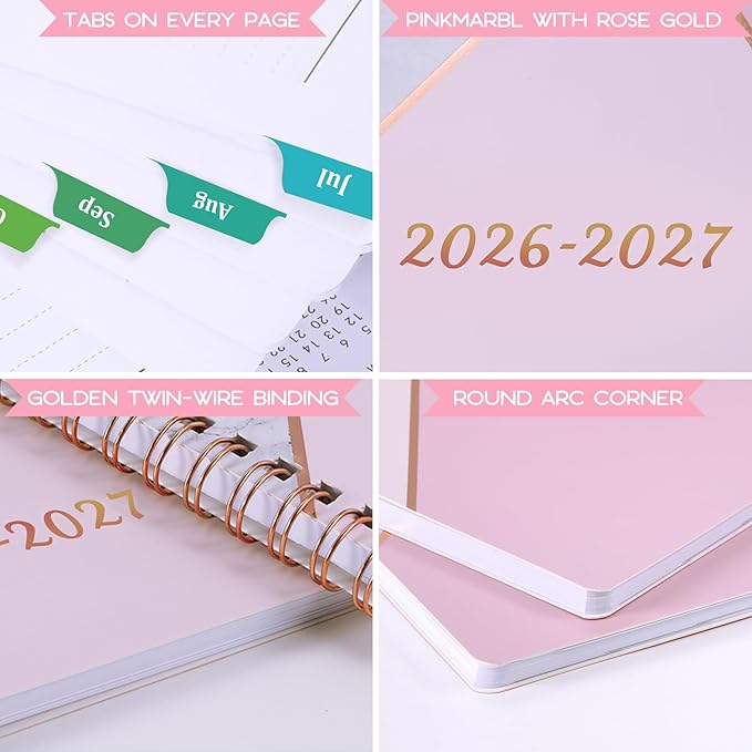 Planner 2026-2027 - Academic Planner 2026-2027, Jul. 2026 - June. 2027, 8" x 10", Planner Weekly and Monthly with Tabs, Planners 2026, 12 Month Calendar with Colourful Tabs, Twin-Wire Binding - Pink Marble