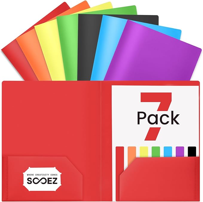 Sooez 7 Pack Folders with Pockets, 2 Pocket Folders with Extra Labels, Plastic Folder with Pockets, Heavy Duty File Folder Bulk, School Business Office Filing Supplies