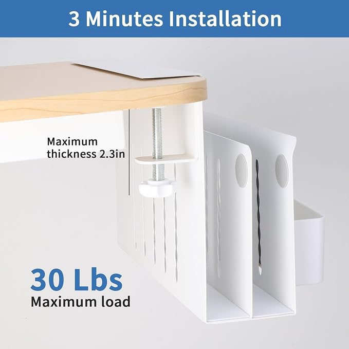 2 Tier Desk Side Storage, Under Desk Laptop Mount, Clamp On Desk Shelf for Tablet, Files,Accessories, No Drill Hanging Desks Caddy for Office and Home, Load 30Lbs, White