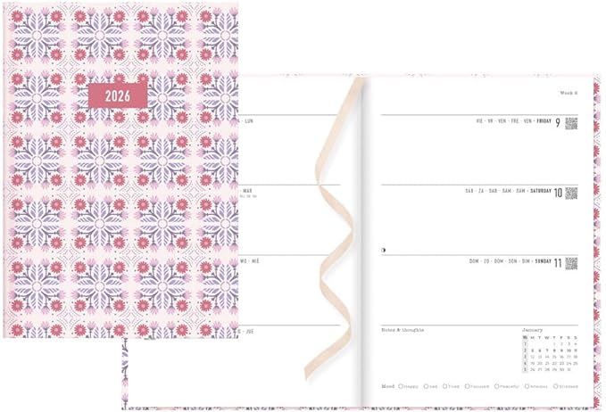 Letts of London® 2026 Morocco Weekly/Monthly Planner, 12 Months, January to December, A5 Size, 8.25" x 5.875", Sewn Binding, Matte-Laminated Hard Cover, Multilingual, Pink (C082494-26)