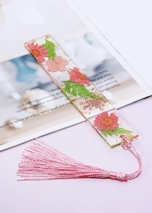 Penta Angel Dried Flower Resin Bookmarks Handmade Clear Pressed Floral Page Markers with Silky Tassel Reading Gift for Women Adults Graduation Valentine’s Day Christmas (Pink & Green)
