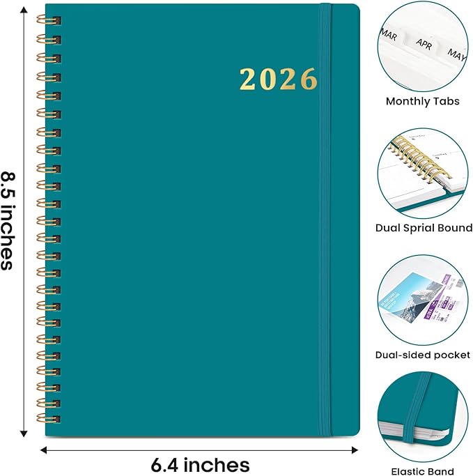2026 Planner, Weekly and Monthly Calendar Planner Book, January 2026 - December 2026, Hardcover Spiral Planner with Monthly Tabs, Notes Pages, Perfect for Women & Men, A5 (6.4" x 8.5") - Turquoise