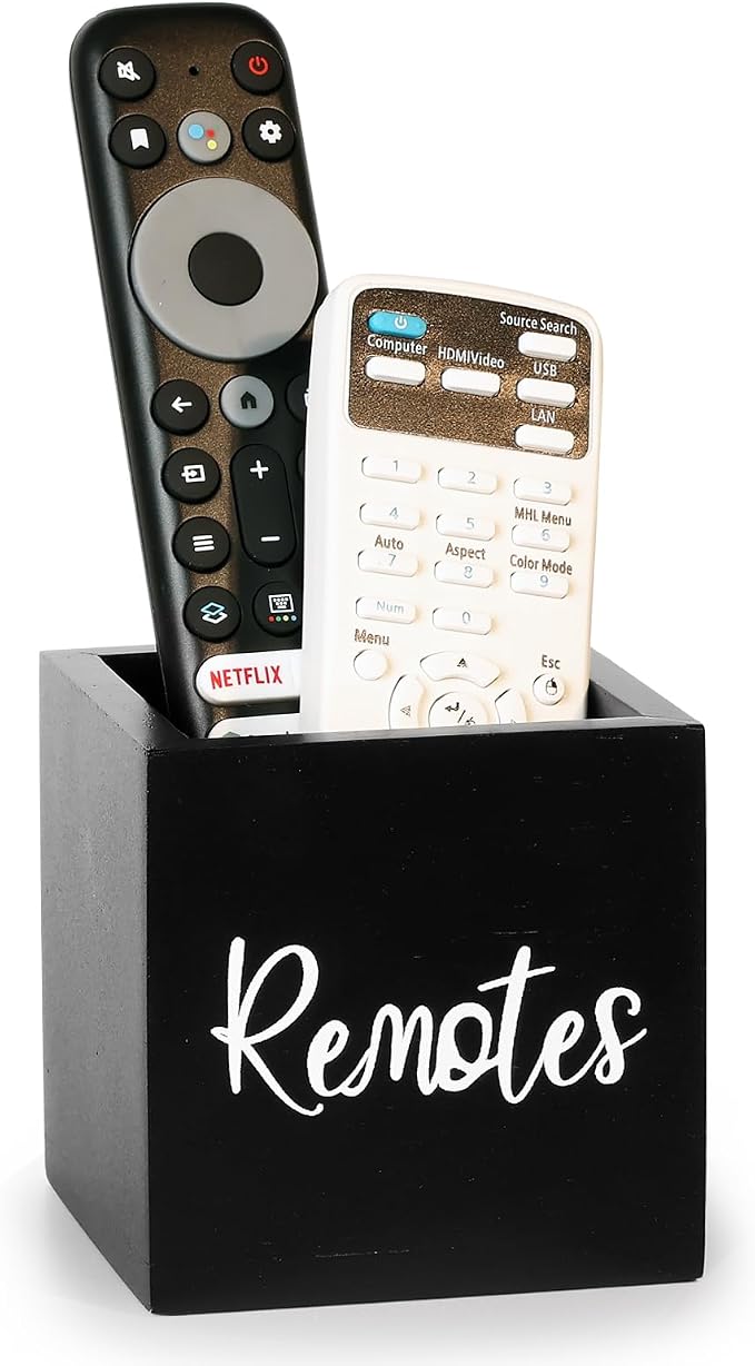 Remote Control Holder, Wooden TV Remote Holder for Table, Remote Organizer Caddy for Home Decor, Remote Box for Nightstand, Black Labeled "Remote", 1 Slot - 3.5 Inch