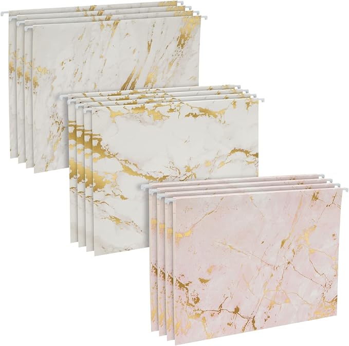 Paper Junkie Hanging File Folders - Pack of 12, Pink & White Marble - File Cabinet Organizer - Gold Foil Marble - Gold Hanging Folders - Cabinet & Drawer Fit