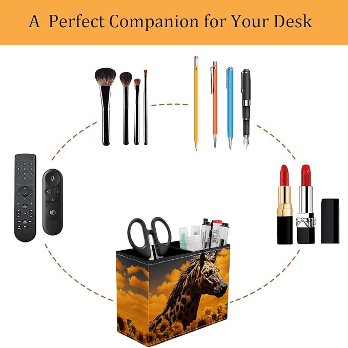 Pen Holder for Desk, PU Leather Multifunctional Desktop Storage Box and Anti-Slip Mouse Pad Set, Makeup Brush Holder Pen Organizer for Office and Home - Horse Leopard Print Sunflower