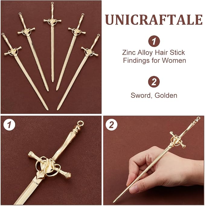 UNICRAFTALE 6Pcs Sword Bookmarks Sword Hair Pin Vintage Golden Metal Pendant Bookmarks Hair Pins Sticks Ancient Large Sword Bookmark Charms for Book Lovers Presents Reading Crafting Gifts