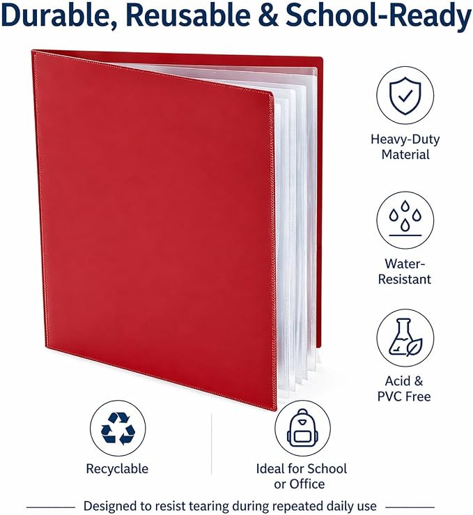 Ultra PRO - 50 Pack Red Heavy Duty 2-Pocket Folders with 6 Clear Internal Pages, Waterproof Poly Project Organizer for School and Office, Fits 8.5 x 11 Letter Size, Customizable Clear Covers