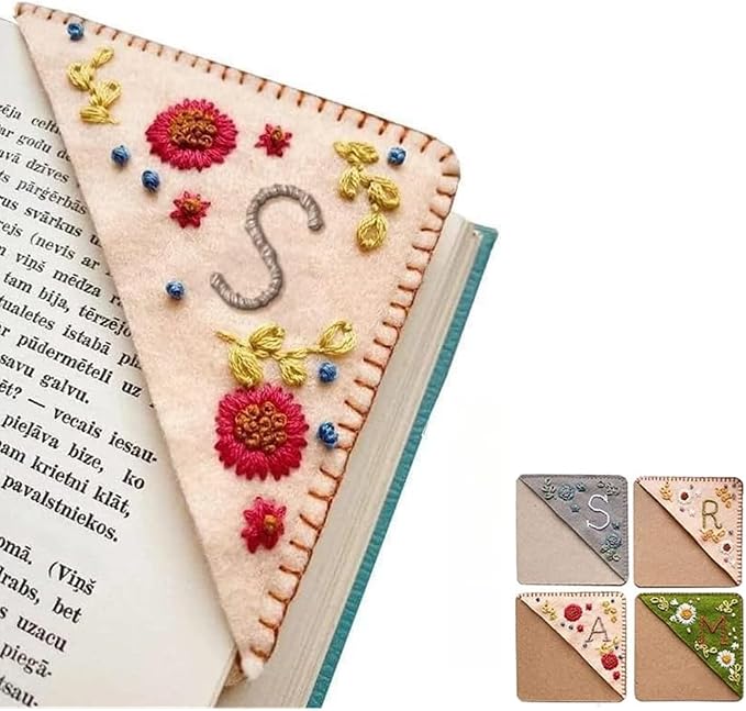 Personalized Hand Embroidered Corner Bookmark, 26 Letters Cute Flower Embroidered Corner Bookmark Embroidery Book Marker Clip for Book Lovers Bookmarks for Reading Lovers Meaningful GIF (Fall, S)