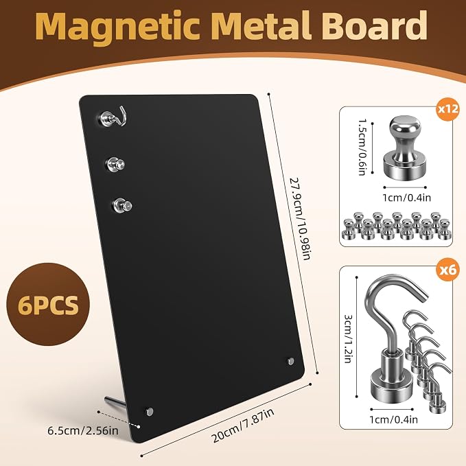 Magnetic Metal Display Bulletin Board, Black, 6 Pack, 11x8 Inch | Includes 18 Magnets, For Memos Messages Photos, Vertical Orientation, For Home School Kitchen Office