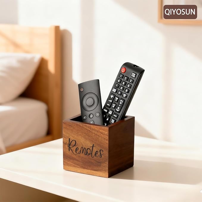 Remote Control Holder, Farmhouse Wood TV Organizer for Table, Wooden Remote Control Organizer, Remote Storage Caddy, Remote Control Organizer (Brown, 3.5 Inch Labeled Remote)