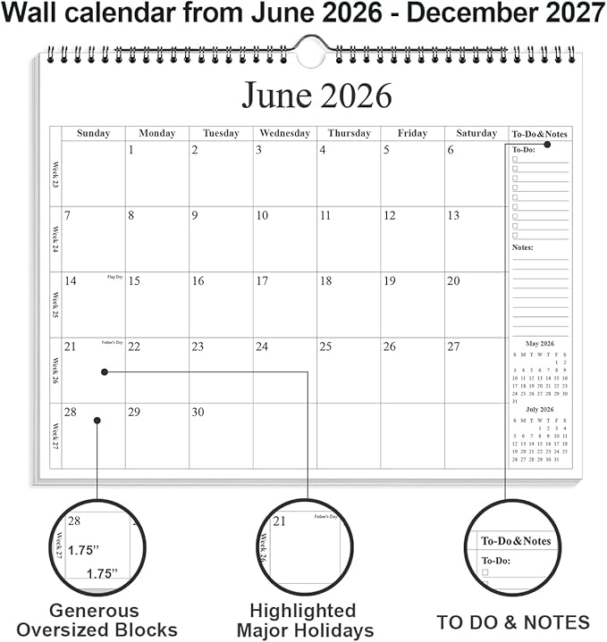 2026-2027 Calendar - Wall Calendar 2026-2027 from June 2026 - December 2027, 19 Months Calendar with Premium Paper, Twin-Wire Binding & Hanging Hook, 12" x 14.5", Black
