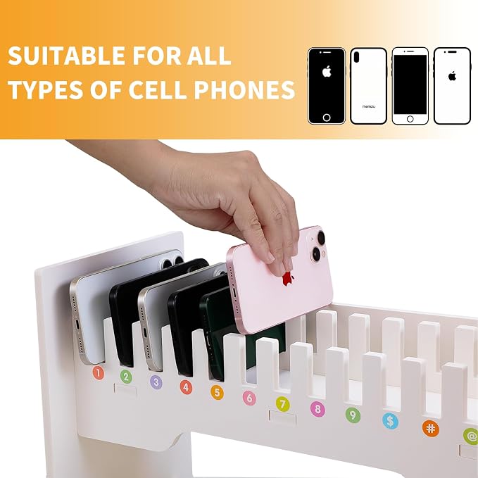 EARTHSON Cell Phone Holder Storage Box for Classroom, White PVC Cell Mobile Phone Management Desktop Organizer, Caddy Box for Office and School Supplies
