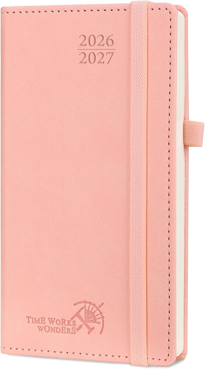 POPRUN Pocket Planner 2026-2027, Slim Size-3.5" x 6.5", 17 Month (Aug 2026 - Dec 2027) Academic Pocket Calendar for Purse, Small Weekly Appointment Book with Vegan Leather Hardcover - Pink
