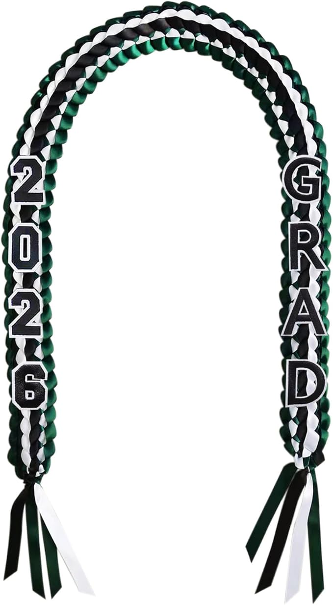 Graduation Leis 2026 Money Ribbon Leis for Graduation Class of 2026 Braided 48inch Graduation Necklace for High School,College Graduation Party Gifts,Green,White and Black