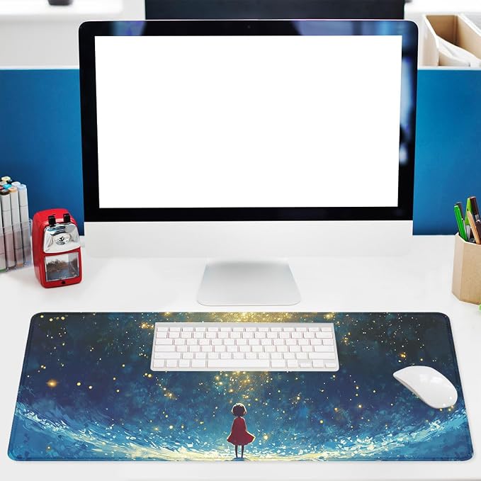 Cosmic Fantasy Desk Pad Mouse Pad Starlight Girl Galaxy Dream Large Gaming Mouse Mat with Stitched Edges,Non-Slip Waterproof Rubber Base Mous Mat Office Computer Keyboard 31.5"x11.8"