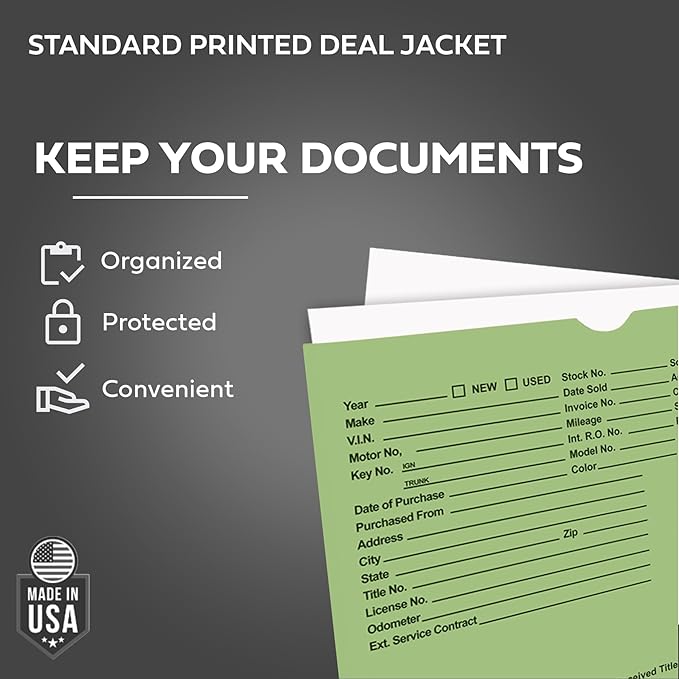 Printed Vehicle Deal Envelopes 9x12 Deal Jackets (100 shrink wrapped) (Green)