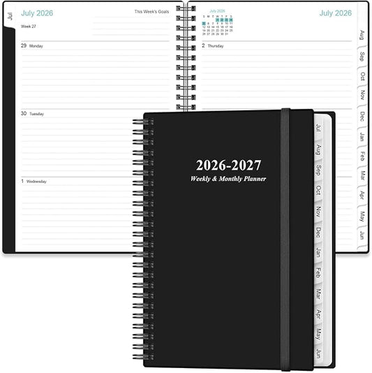 Planner 2026-2027 - A5 Weekly & Monthly Planner Spiral Bound, July 2026 - June 2027, with Flexible Cover, Tabs, Inner Pocket, 6.4" x 8.5", Black