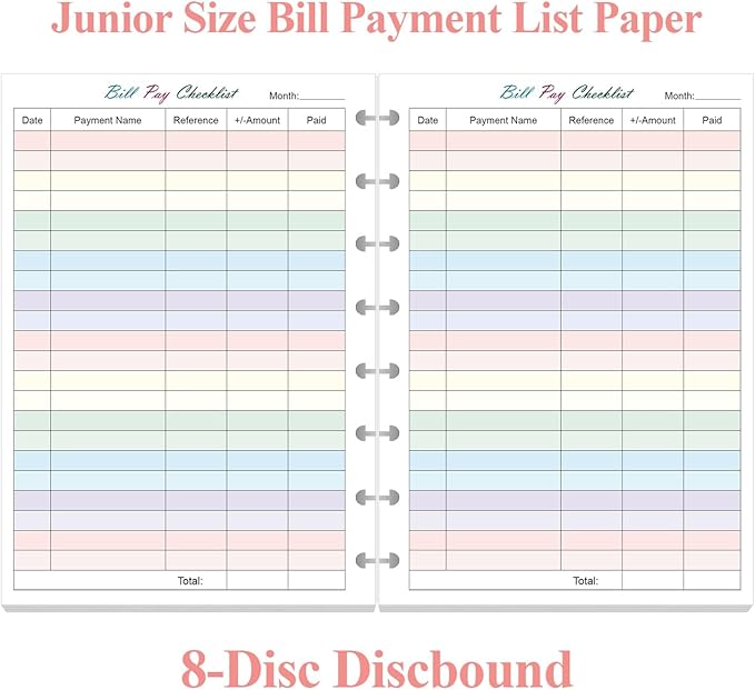 Junior Size Payment Checklist Refills - 50 Sheets/100 Pages Colorful Monthly Budget Forms for 8-Disc Discbound Planners, 100 gsm White Paper, 5.8" x 8.3"
