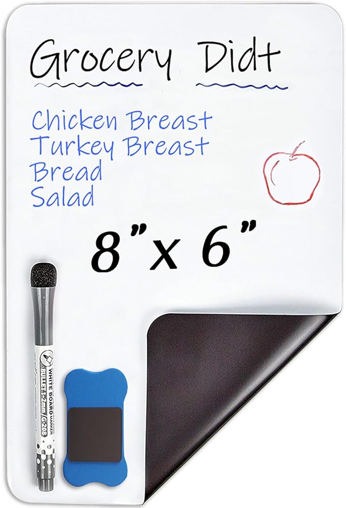 INMORVEN Small White Board Dry Erase Menu Planner, 8"x6" Magnetic Small Dry Erase Board for Fridge Grocery List, Refrigerator White Boards to Do List, with Markers and Eraser