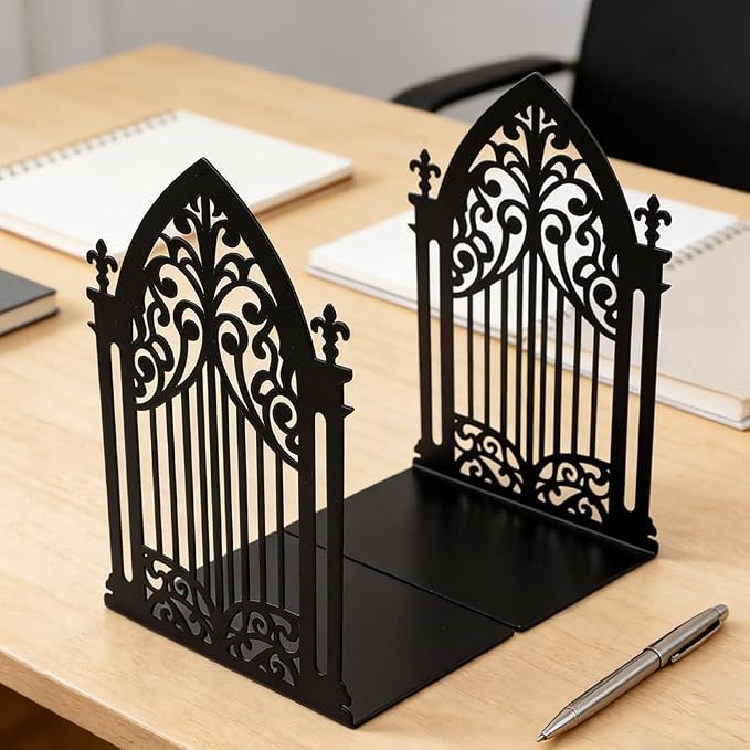 Book Ends, Bookends, Book Ends for Shelves, 2Pair Non Skid Metal Book Divider Decorative Holder, Abstract Art Desgin Book Stopper Supports for Office, Home (Gothic Gate B)