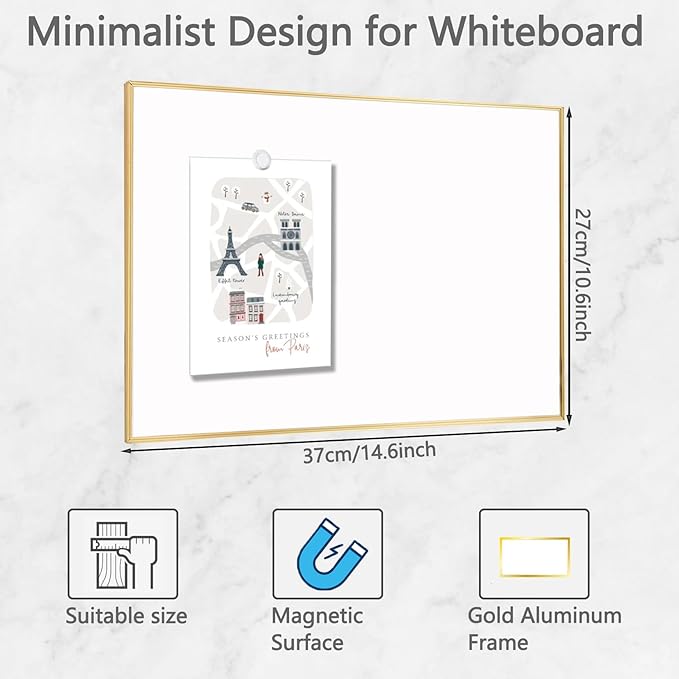 Dry Erase White Board, 10.6"x 14.6" Gold Aluminum Frame Magnetic Whiteboard for Wall Office,School,Home, Hanging Board for Decoration,Planning,Kitchen Grocery List,Drawing,Memo（BB-Gold-2737）