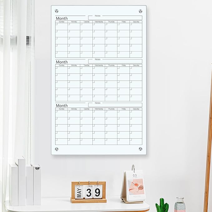 Glass Whiteboard Calendar Dry-Erase White Board Planner Glass Large Wall Mounted Calendar with Marker Tray for Wall Home or Office(Transparent,36" X 24",3 Month)