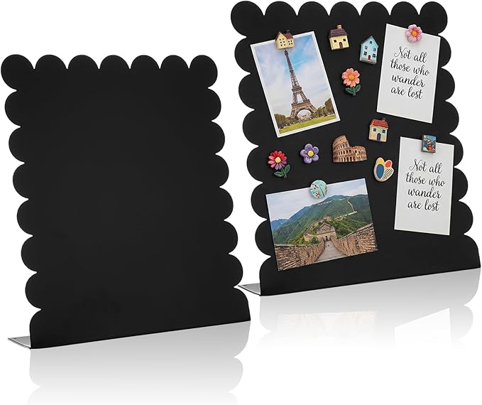 Gueevin 2 Pcs Magnet Board Standing Magnetic Metal Board for Desk and Wall 12.6" x 11" Scalloped Magnetic Display Stand for Memos, Photos and Documents Home Office School Supplies(Black,Medium)