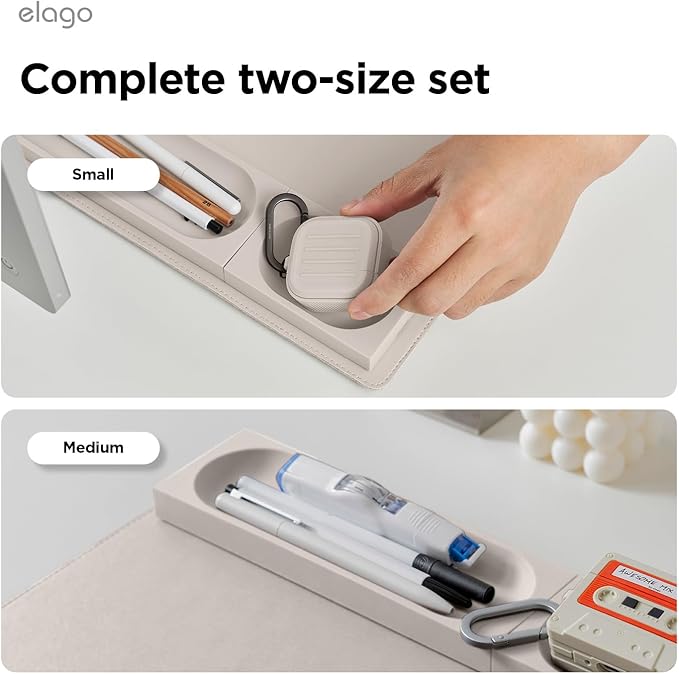 elago Smart Magnetic Desk Mat Pencil Tray – Soft Silicone Organizer for Office Supplies, AirPods, Glasses, Pens – Noise-Free, Non-Slip, Washable, Item for Desk Management [Medium-Small Set] (Stone)