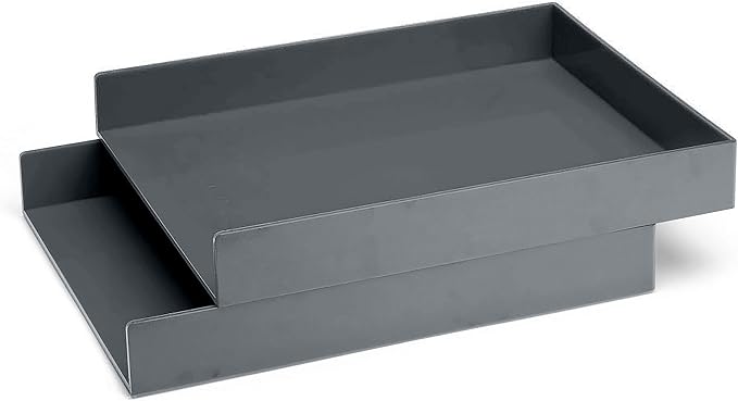 Poppin Super Stacked Desk Set - Dark Gray, Two Letter Trays, Accessory Tray, Silicone This + That Tray, Double-Compartment Pen Cup and 6 Signature Ballpoint Pens, Complete Office Organizer Set