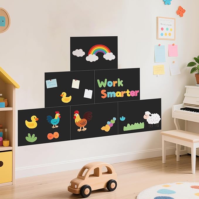 Magnetic Wall Decal for Kids Black Set of 6 Peel and Stick Magnet Chalkboard Wall Decal with Tangram Puzzle Chalk Accessories Magnetic Decal Wall Magnetic Wallpaper Stickers for Home Playroom