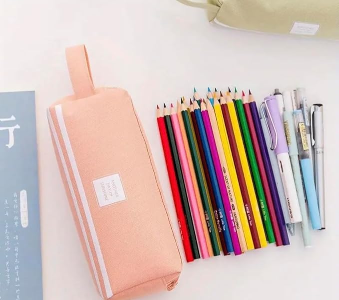 Large Capacity Pink Pencil Organizer with 2 Zipper Pockets, Durable Canvas Stationery Bag for School and Office Supplies, Multi-Purpose Pen Pouch and Travel Storage Case (Pink)